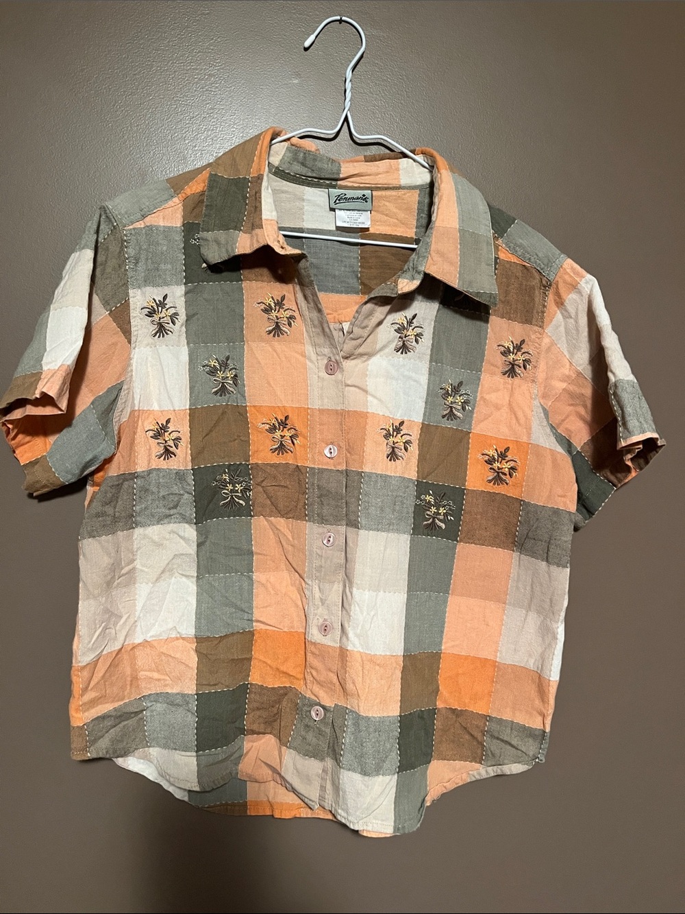 Penmans XL Embroidered Plaid Short-Sleeve Button-Down cotton Shirt. grey orange